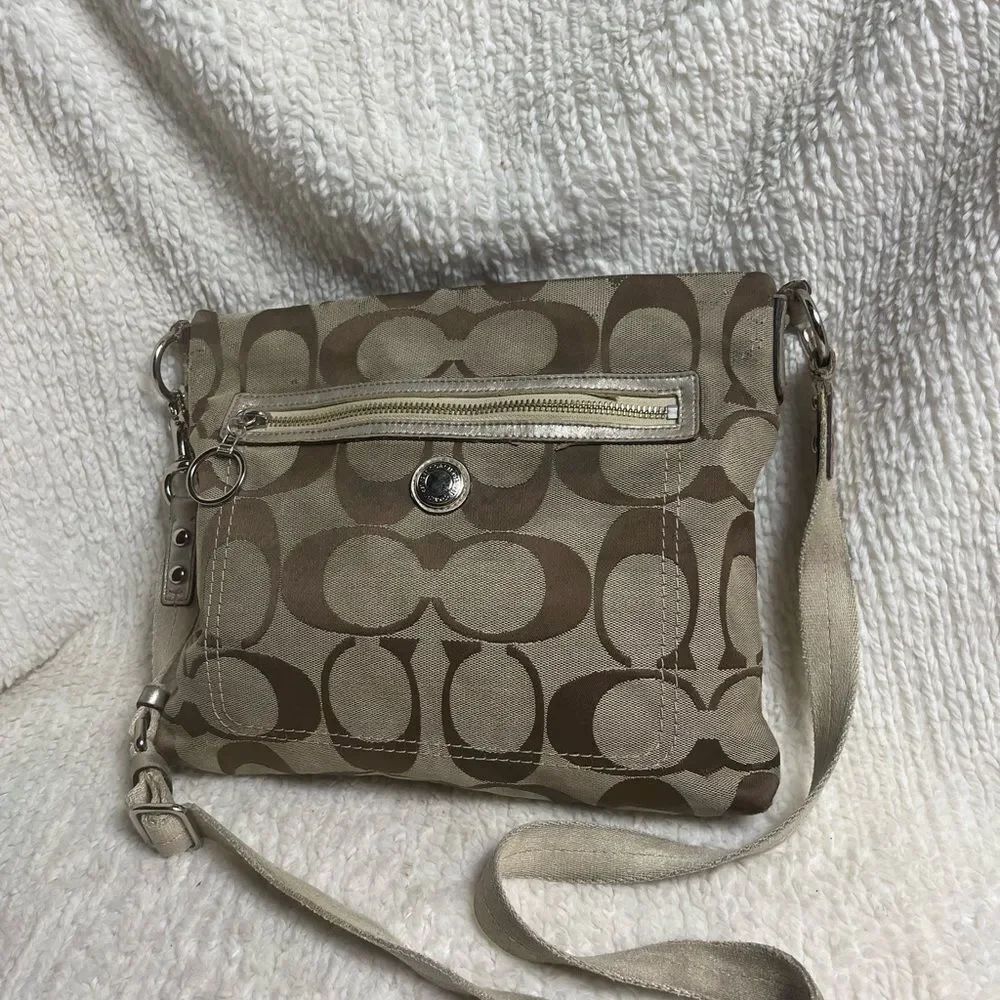 Coach signature khaki & Brown logo small Crossbody Bag with silver hardwares